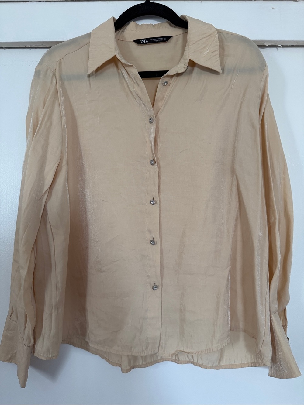 Zara Light Yellow Beige Shimmer Jeweled Button-Down Blouse Medium